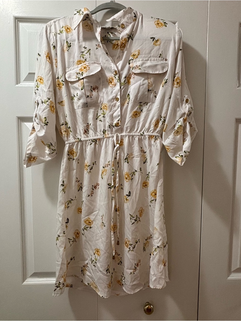 White Floral Midi Shirt Dress with Yellow Rose Print